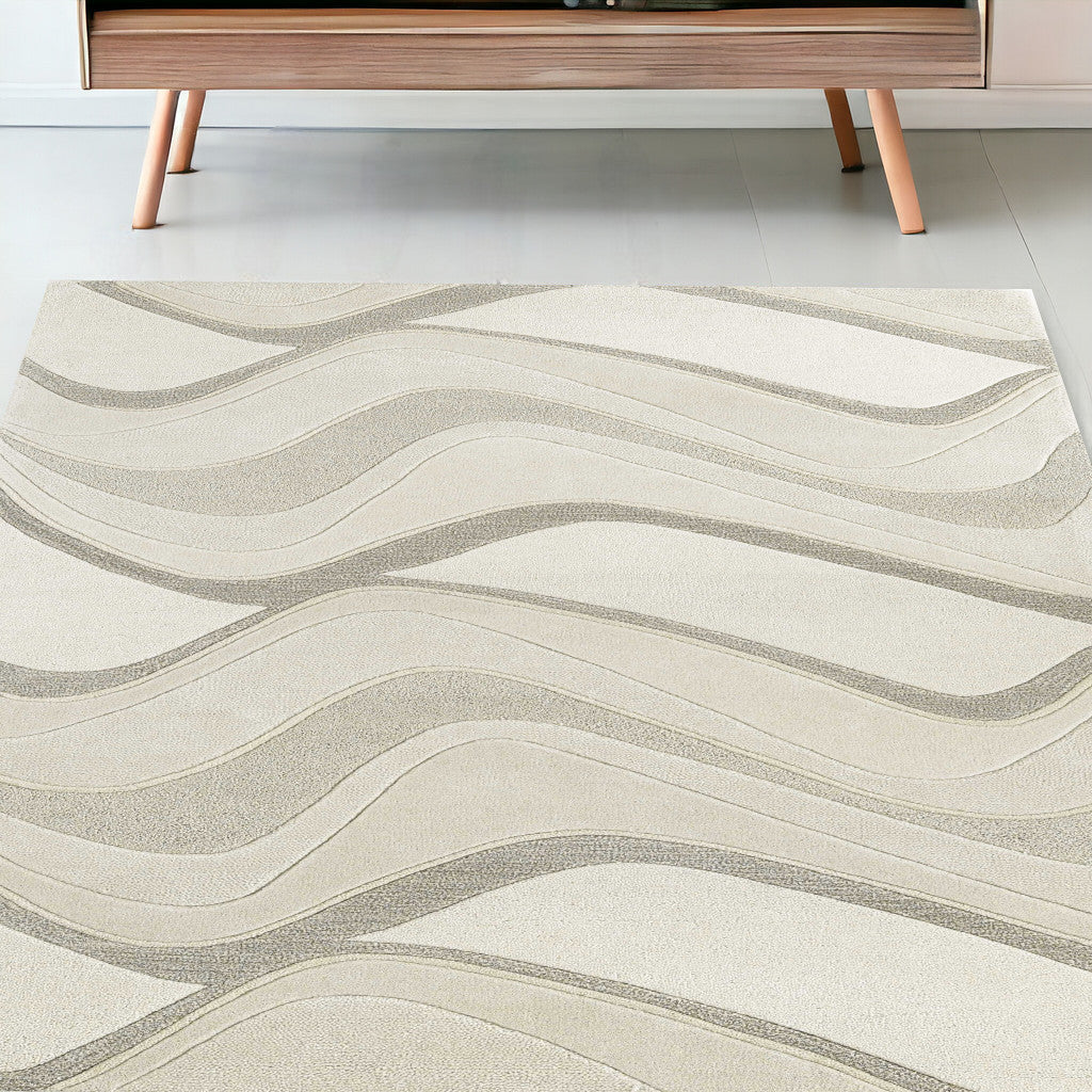 5'X8' Ivory Hand Tufted Abstract Waves Indoor Area Rug