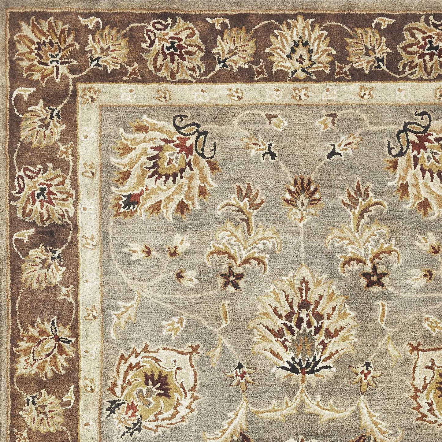 5' X 8' Grey Or Mocha  Floral Bordered Wool Indoor Area Rug