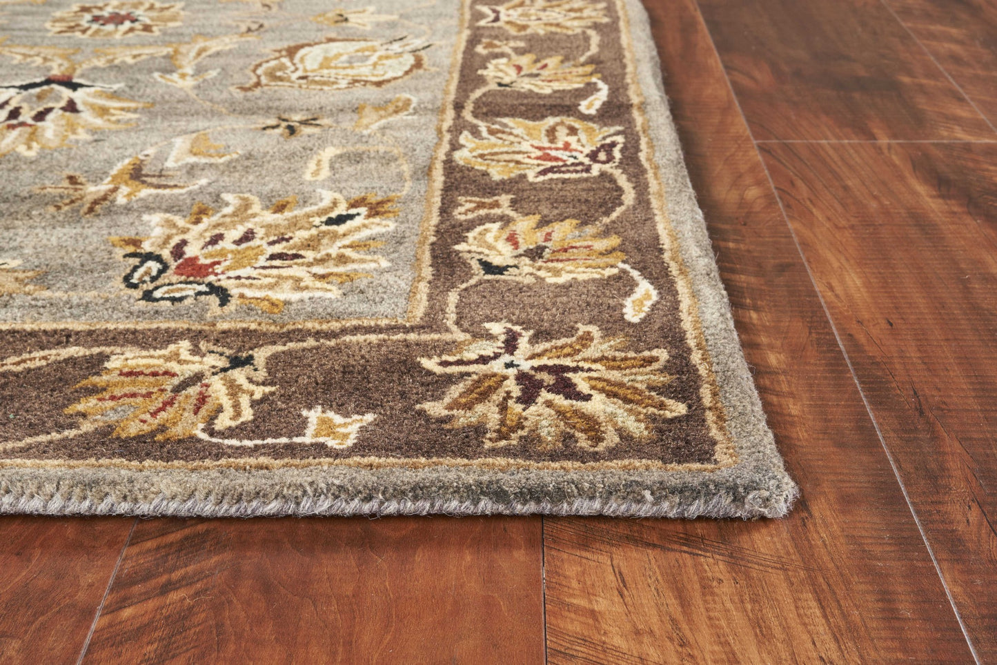 5' X 8' Grey Or Mocha  Floral Bordered Wool Indoor Area Rug