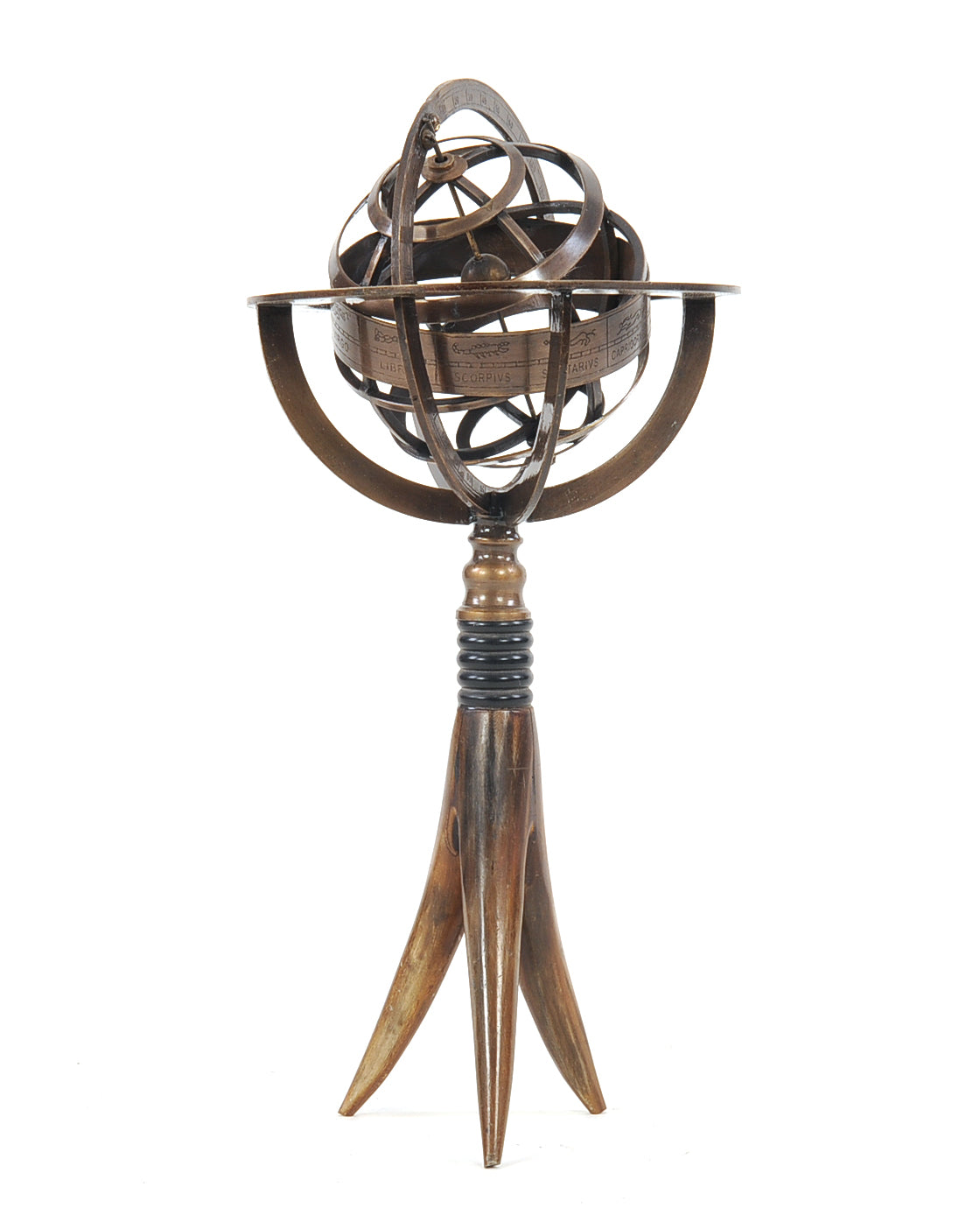 5.5" X 5.5" X 12" Brass Armillary On Horn Stand