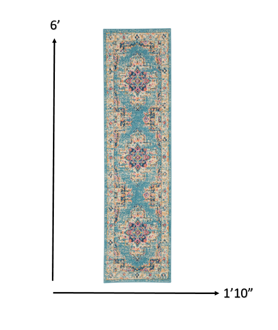 6' Light Blue Southwestern Power Loom Runner Rug