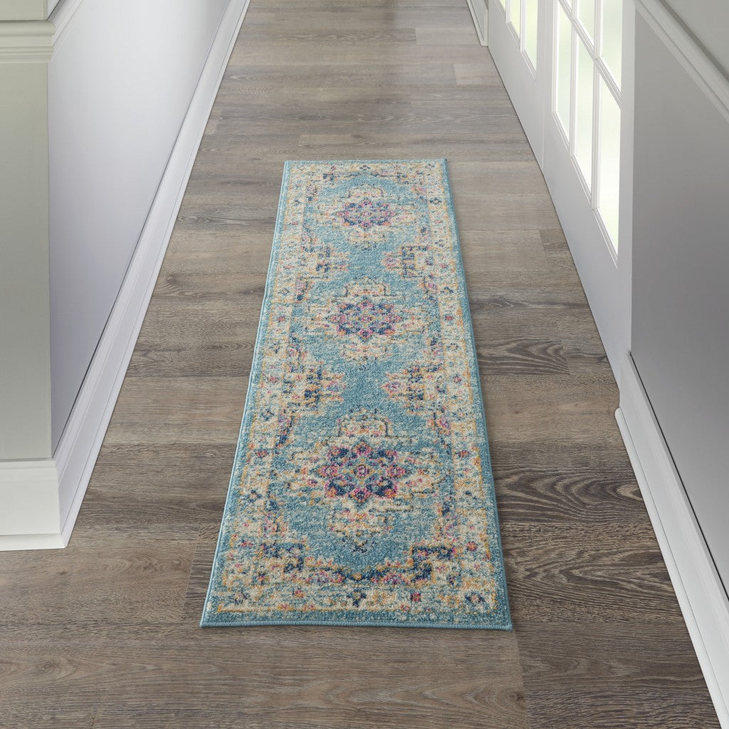 6' Light Blue Southwestern Power Loom Runner Rug