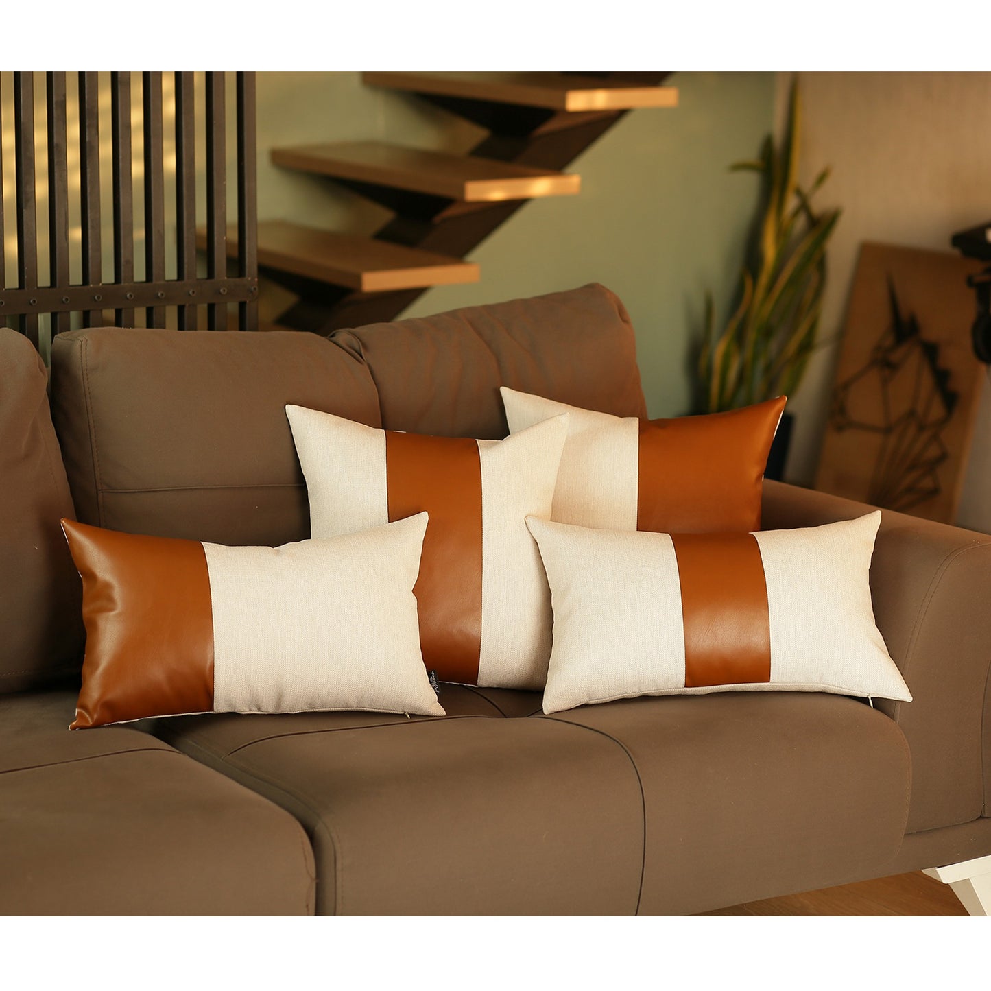 White And Brown Faux Leather Lumbar Decorative Pillow Cover