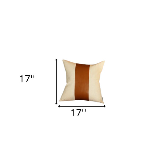 White And Brown Faux Leather Square Pillow Cover