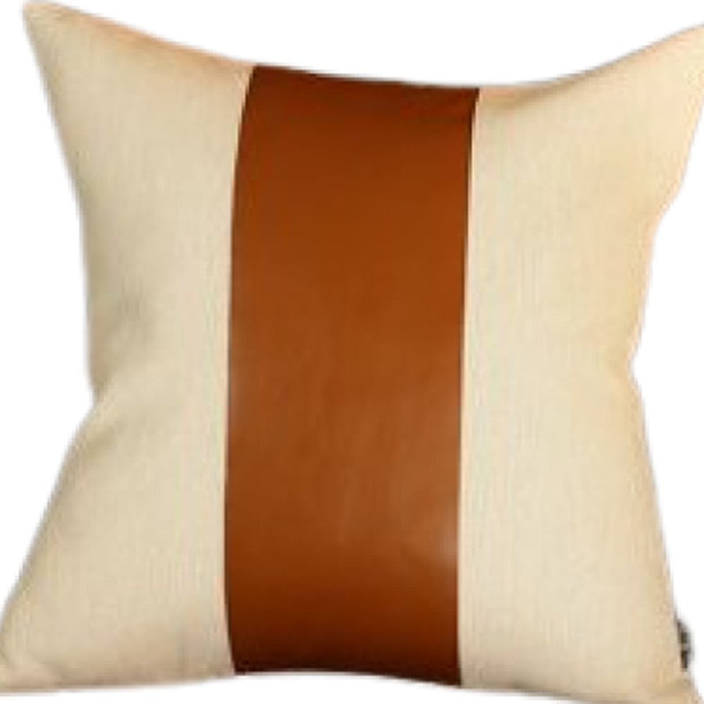 White And Brown Faux Leather Square Pillow Cover