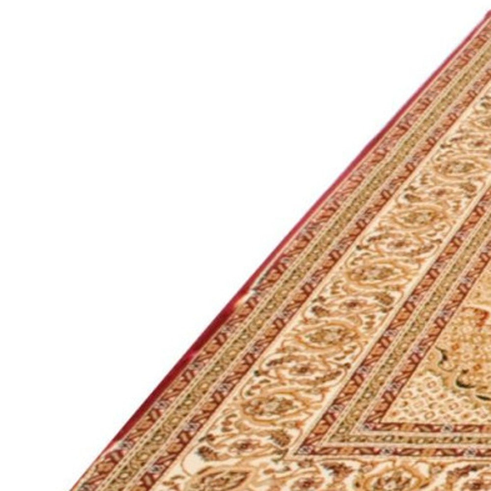 5’ Round Red and Beige Medallion Area Rug