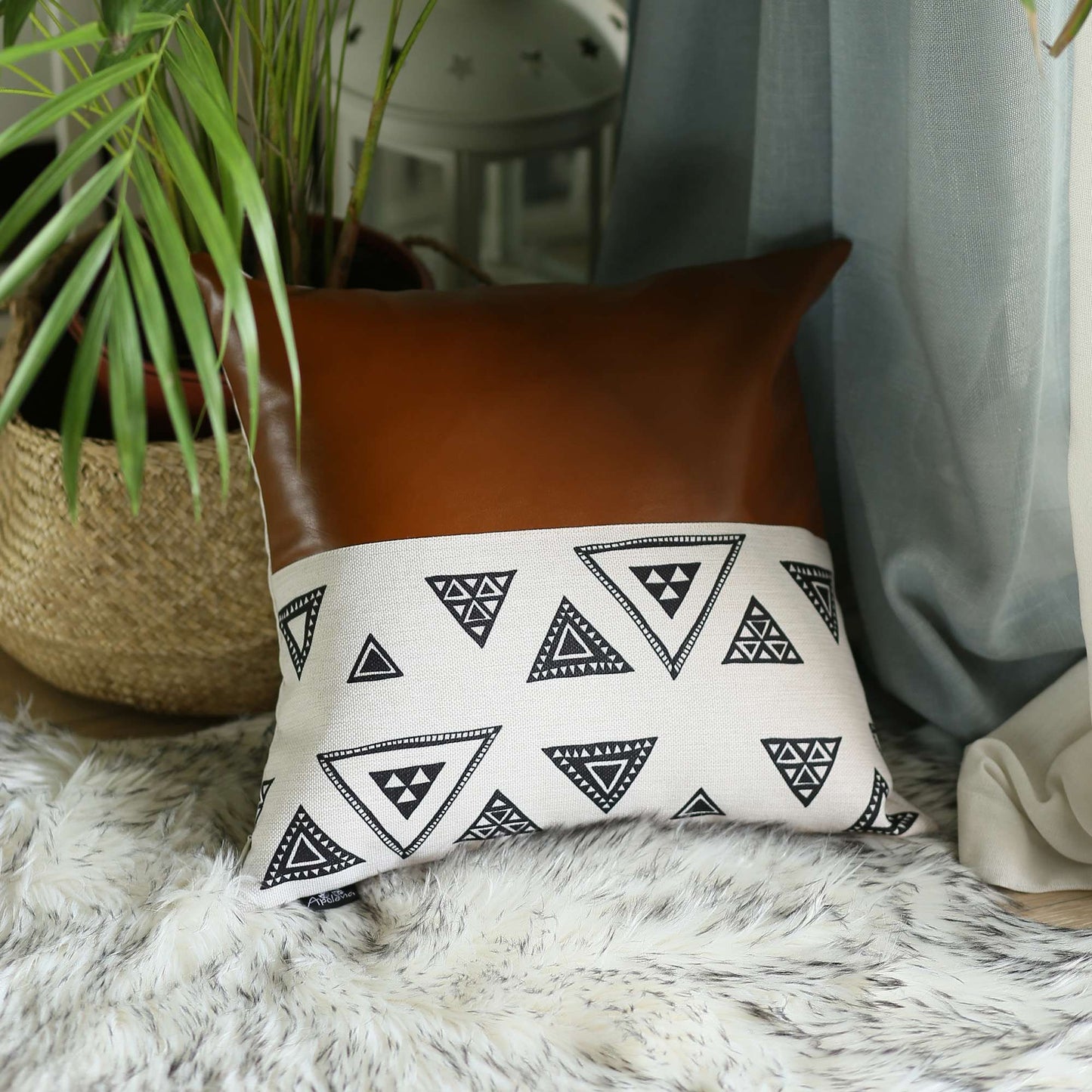 Triangular Motifs and Brown Faux Leather Throw Pillow