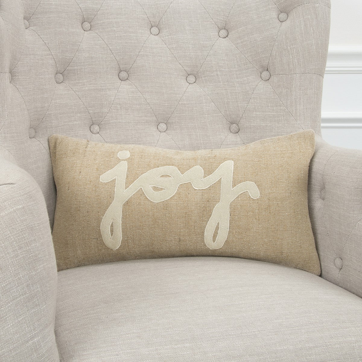 Tan Joy Felt Applique Burlap Lumbar Pillow