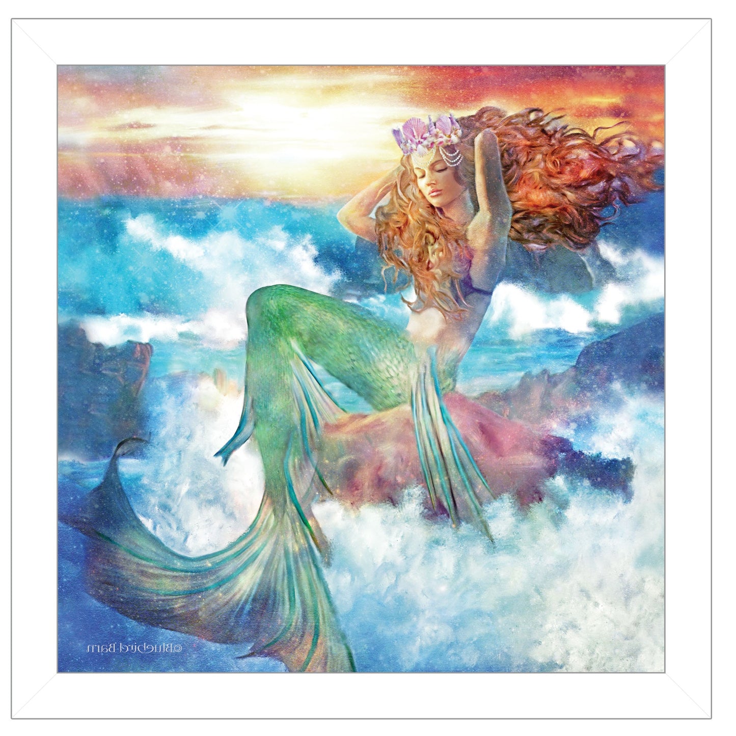 Sunset Mermaid 2 White Framed Print Wall Art