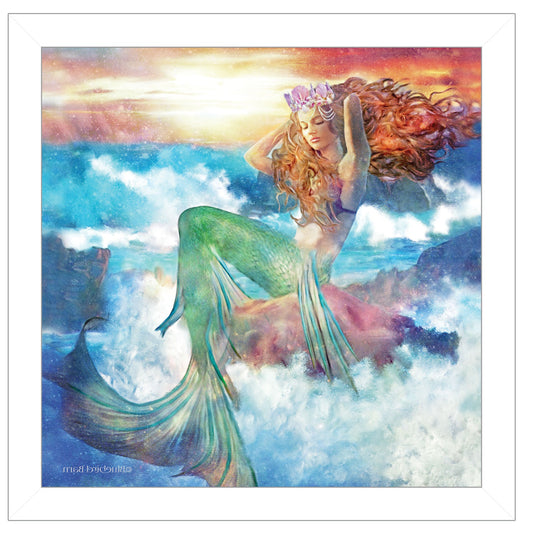 Sunset Mermaid 2 White Framed Print Wall Art