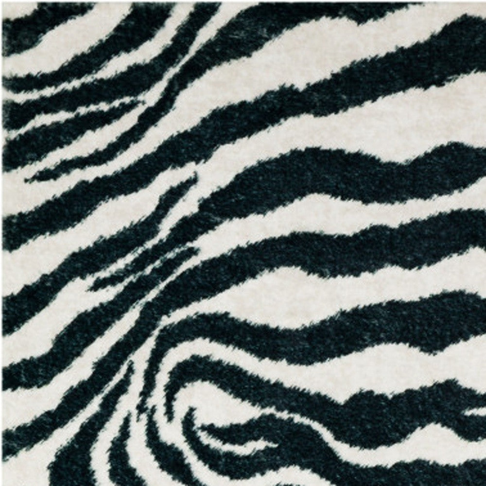 8' X 8' Black and White Zebra Print Round Shag Handmade Non Skid Area Rug