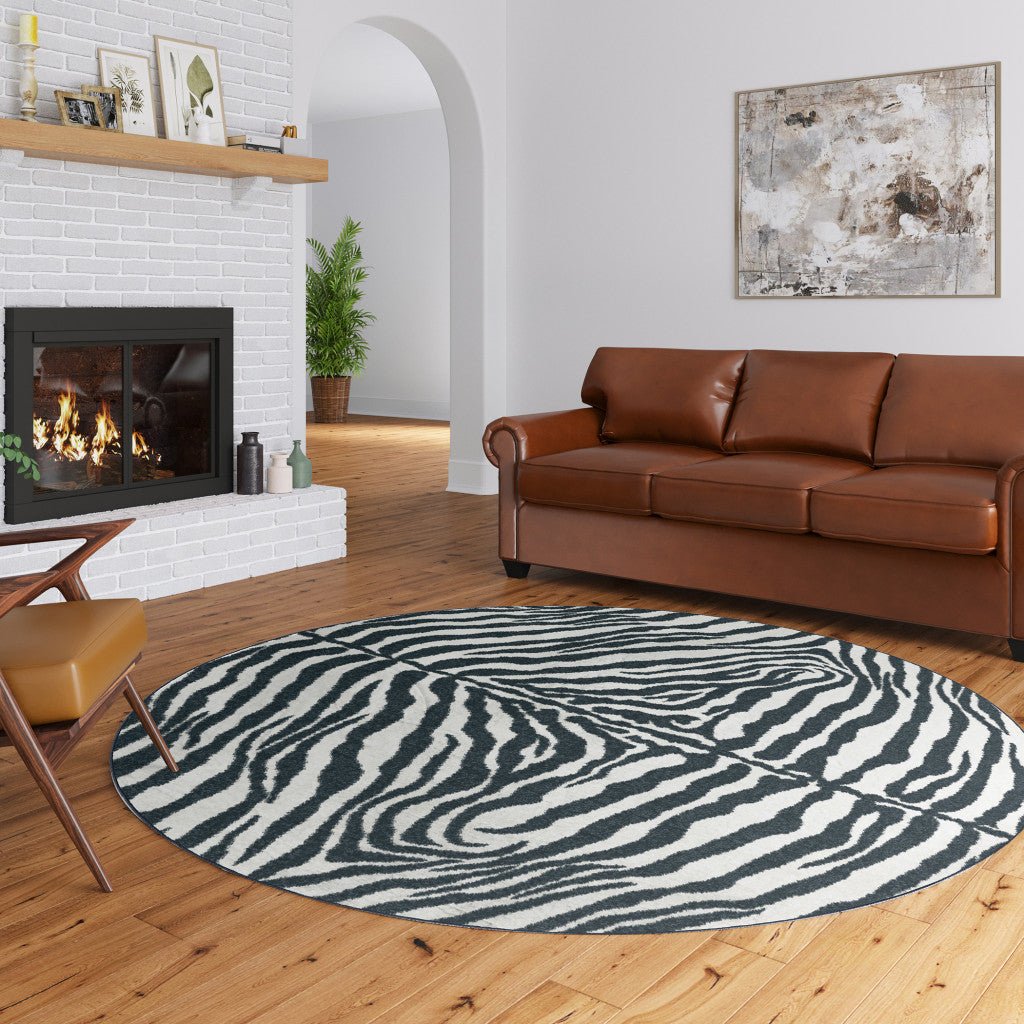 8' X 8' Black and White Zebra Print Round Shag Handmade Non Skid Area Rug