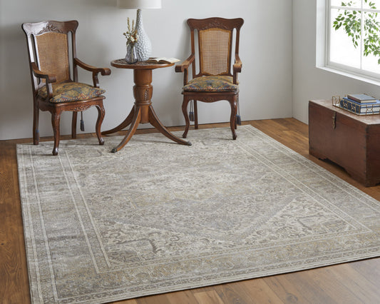 5' X 8' Tan Brown And Ivory Floral Power Loom Distressed Area Rug