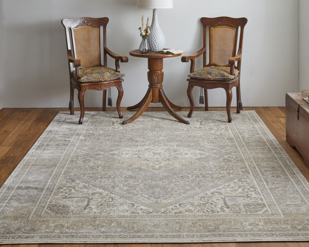 5' X 8' Tan Brown And Ivory Floral Power Loom Distressed Area Rug