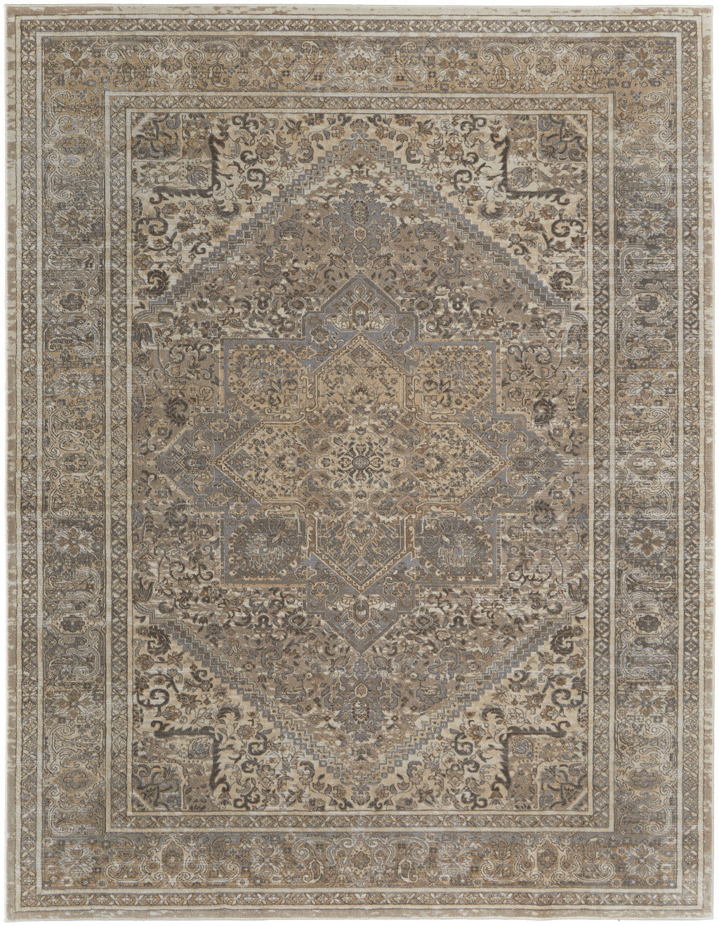 5' X 8' Tan Brown And Ivory Floral Power Loom Distressed Area Rug