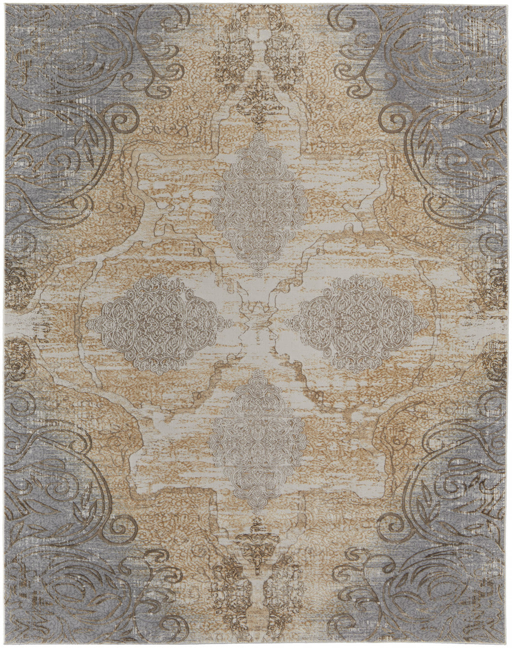 5' X 8' Silver Tan And Gray Floral Power Loom Area Rug