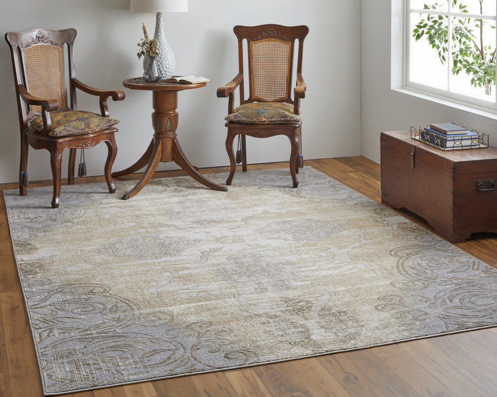 5' X 8' Silver Tan And Gray Floral Power Loom Area Rug