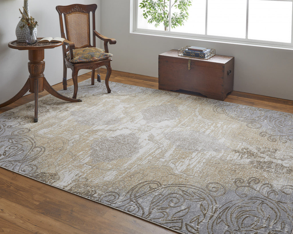 5' X 8' Silver Tan And Gray Floral Power Loom Area Rug