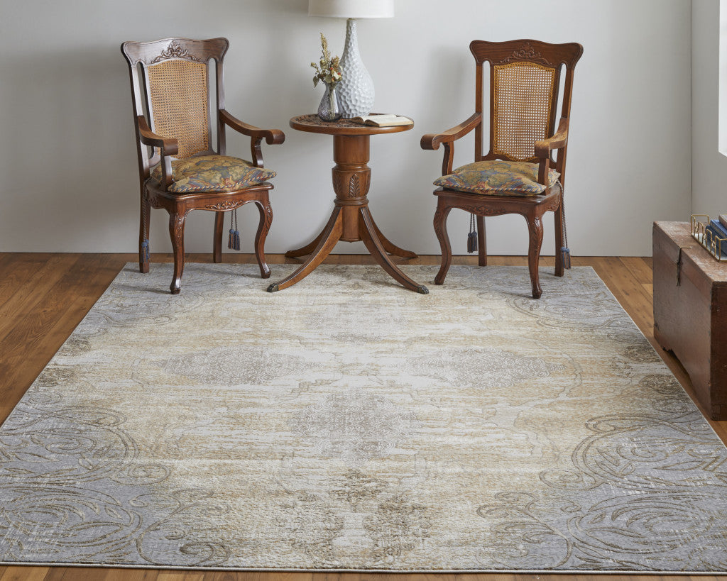 5' X 8' Silver Tan And Gray Floral Power Loom Area Rug