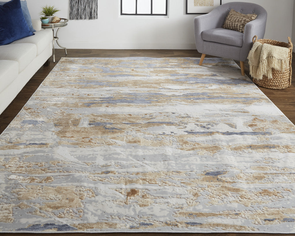 5' X 8' Tan Orange And Ivory Abstract Power Loom Distressed Area Rug