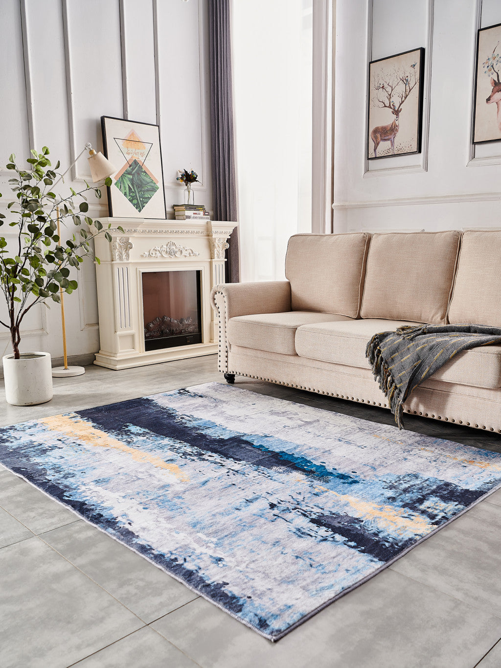 6' x 9' Blue and Yellow Abstract Printed Washable Non Skid Area Rug