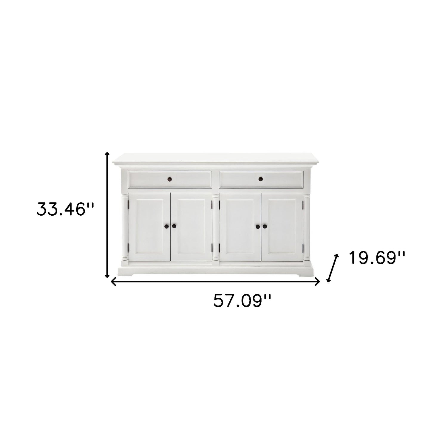 57" White Solid Wood Two Drawer Sideboard with Four Doors