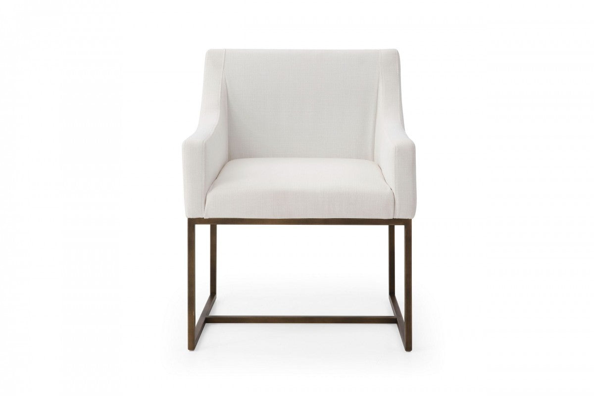 White And Brass Upholstered Fabric Dining Arm Chair