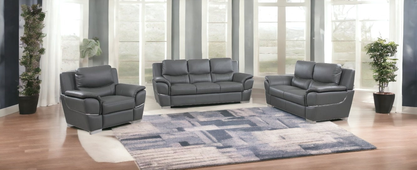 Three Piece Indoor Gray Genuine Leather Six Person Seating Set