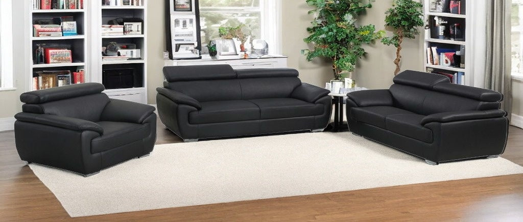 Three Piece Indoor Black Genuine Leather Six Person Seating Set