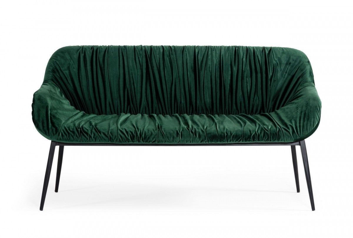 56" Green and Black Velvet Upholstered Dining Bench