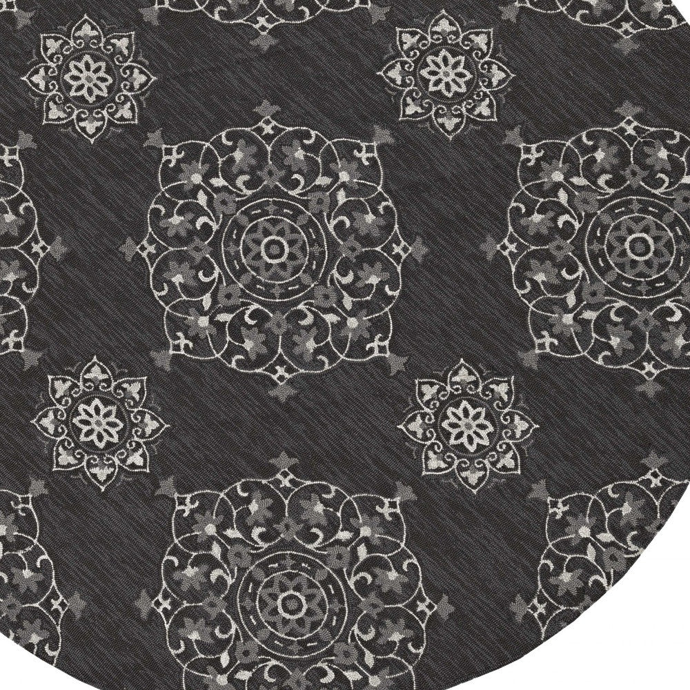 5'X8' Charcoal Grey Hand Woven Uv Treated Floral Disk Indoor Outdoor Area Rug