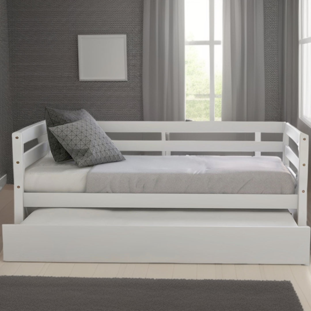 White Wood Twin Bed Frame with Trundle