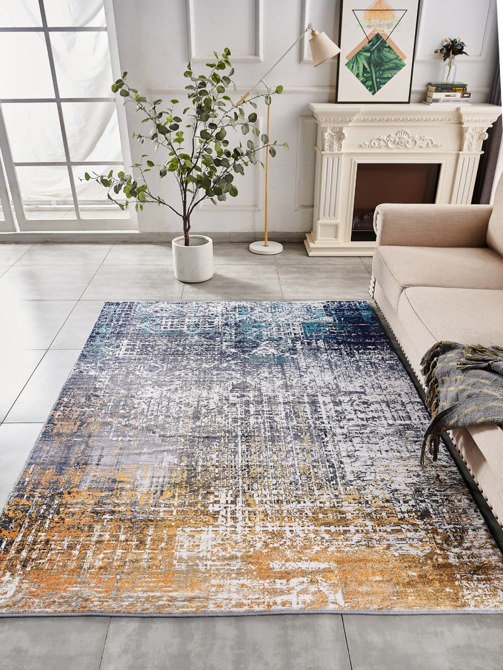 6' x 9' Blue and Silver Abstract Shag Printed Washable Non Skid Area Rug