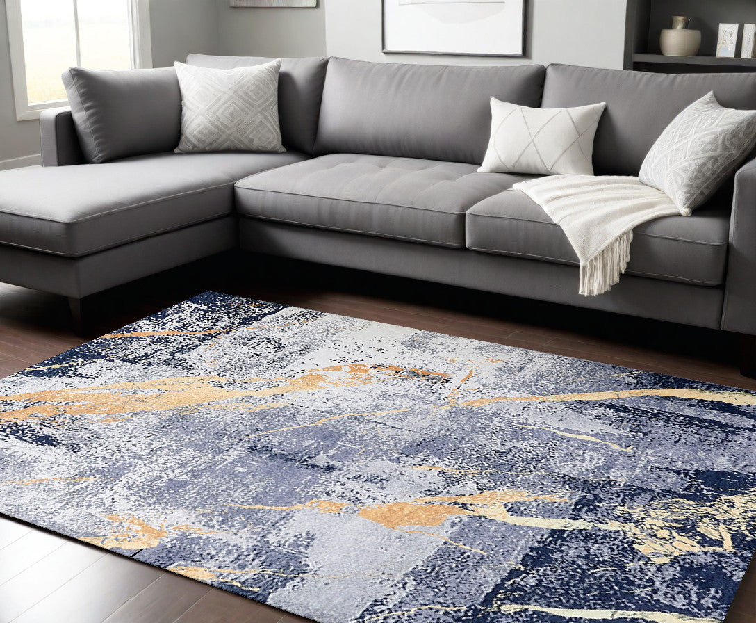 6' x 9' Blue and Yellow Abstract Shag Printed Washable Non Skid Area Rug