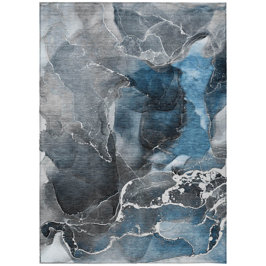 5' X 8' Ivory Blue and Gray Abstract Washable Non Skid Indoor Outdoor Area Rug