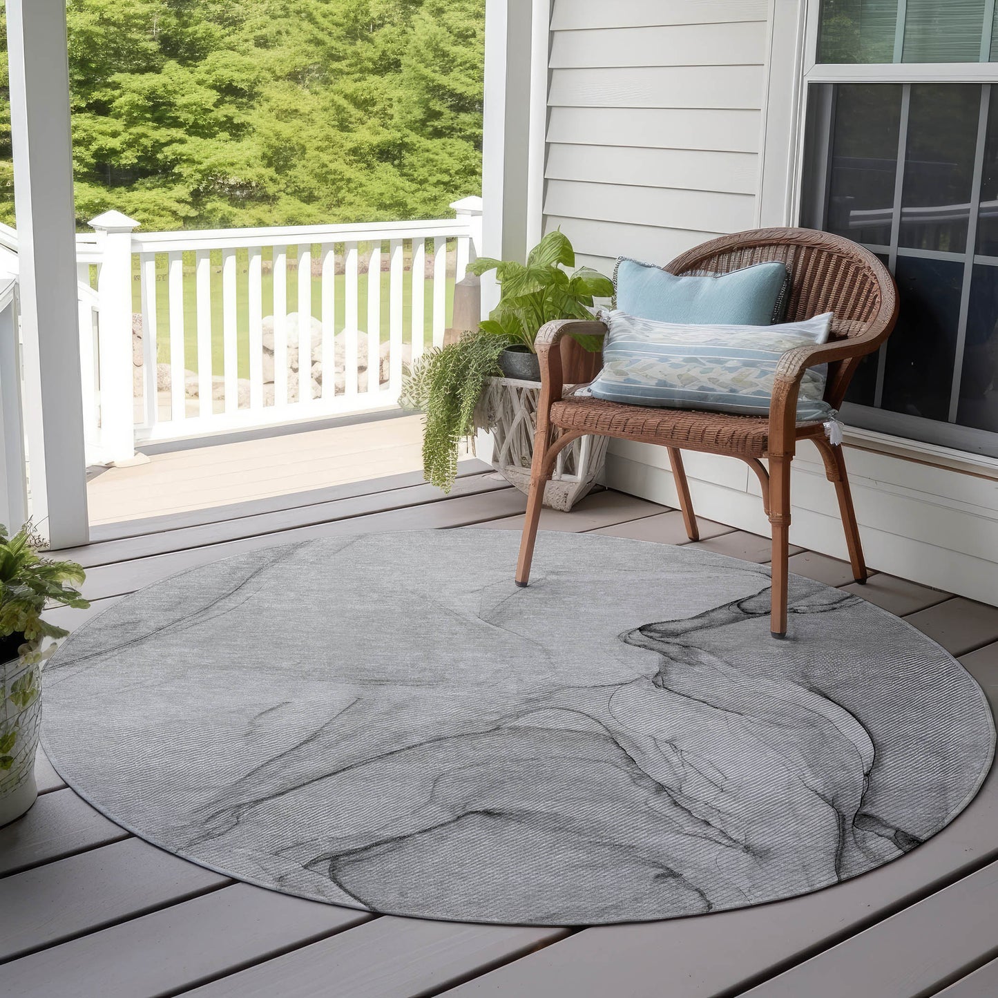 8' Round Gray Round Abstract Washable Non Skid Indoor Outdoor Area Rug