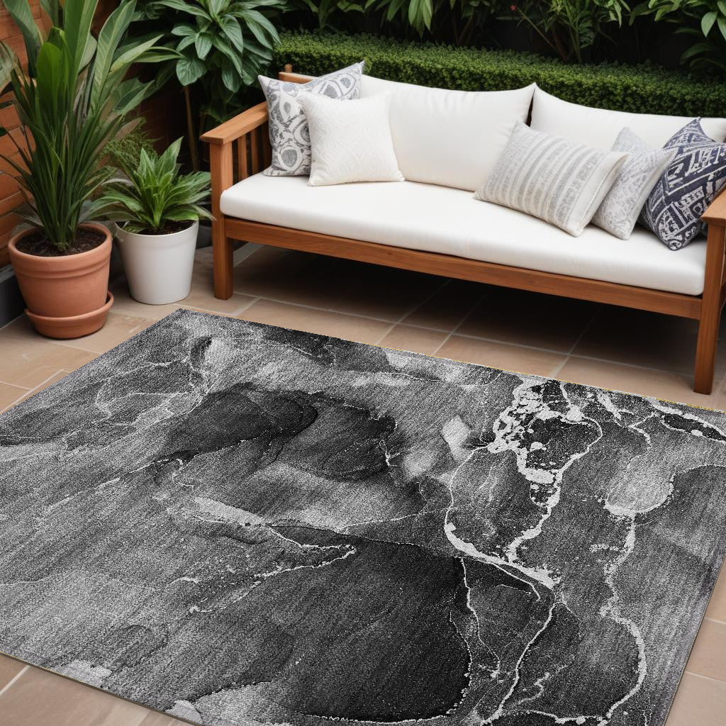 10' X 14' Black Gray and White Abstract Washable Non Skid Indoor Outdoor Area Rug