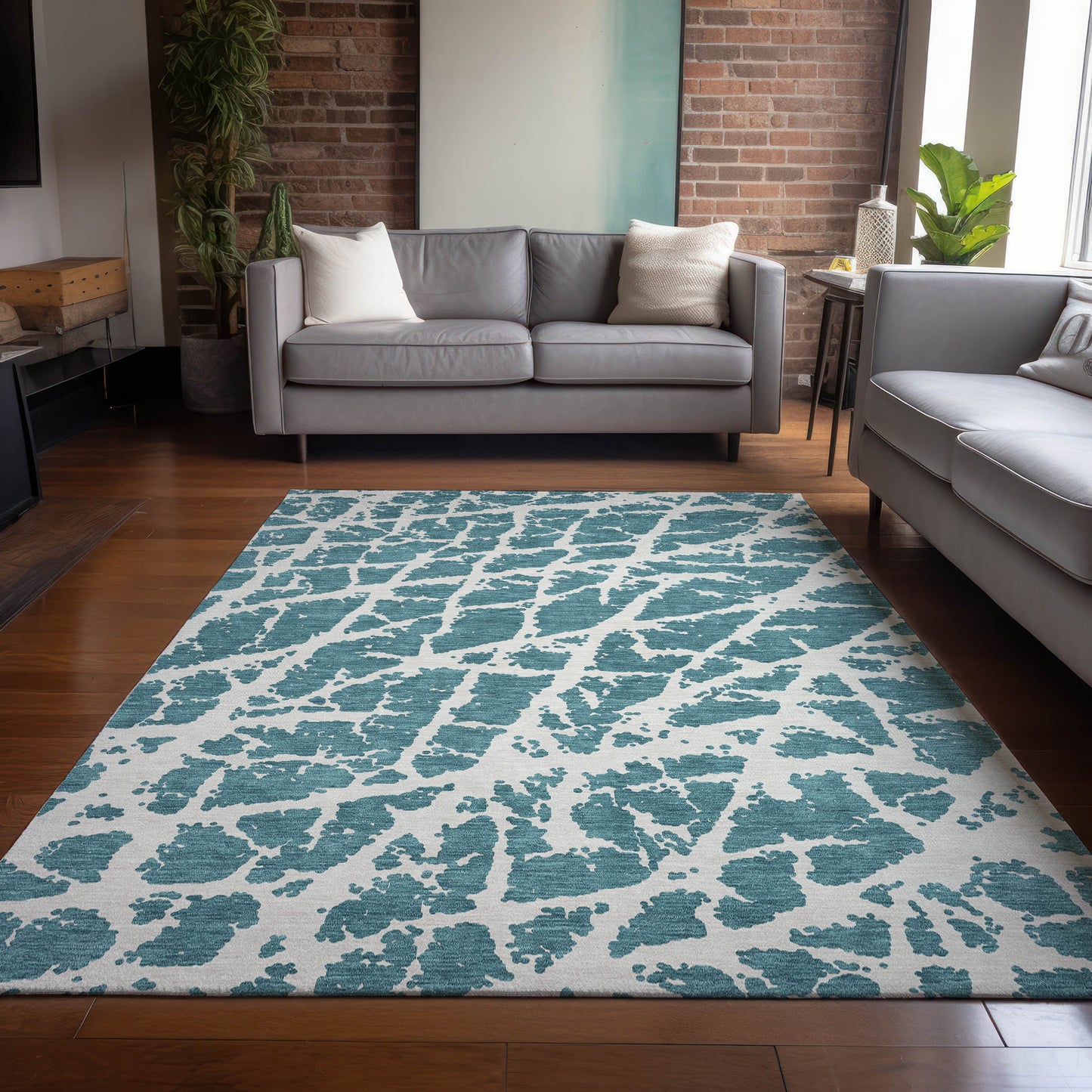 5' X 8' Teal Abstract Washable Non Skid Indoor Outdoor Area Rug