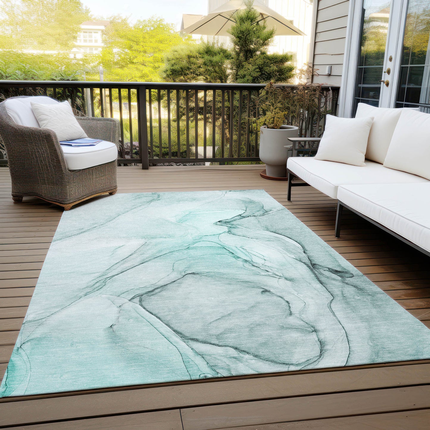 5' X 8' Teal Abstract Washable Non Skid Indoor Outdoor Area Rug