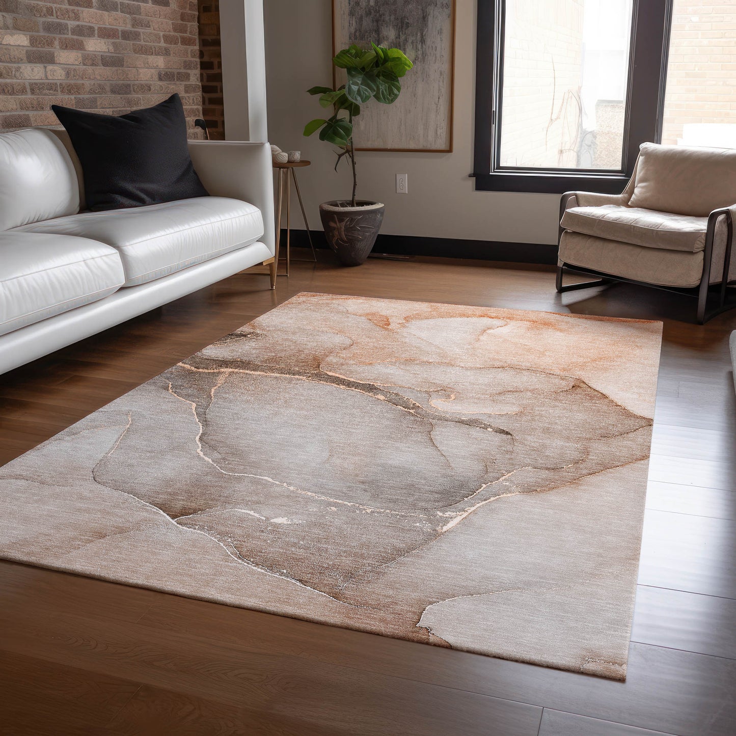 5' X 8' Taupe Abstract Washable Non Skid Indoor Outdoor Area Rug