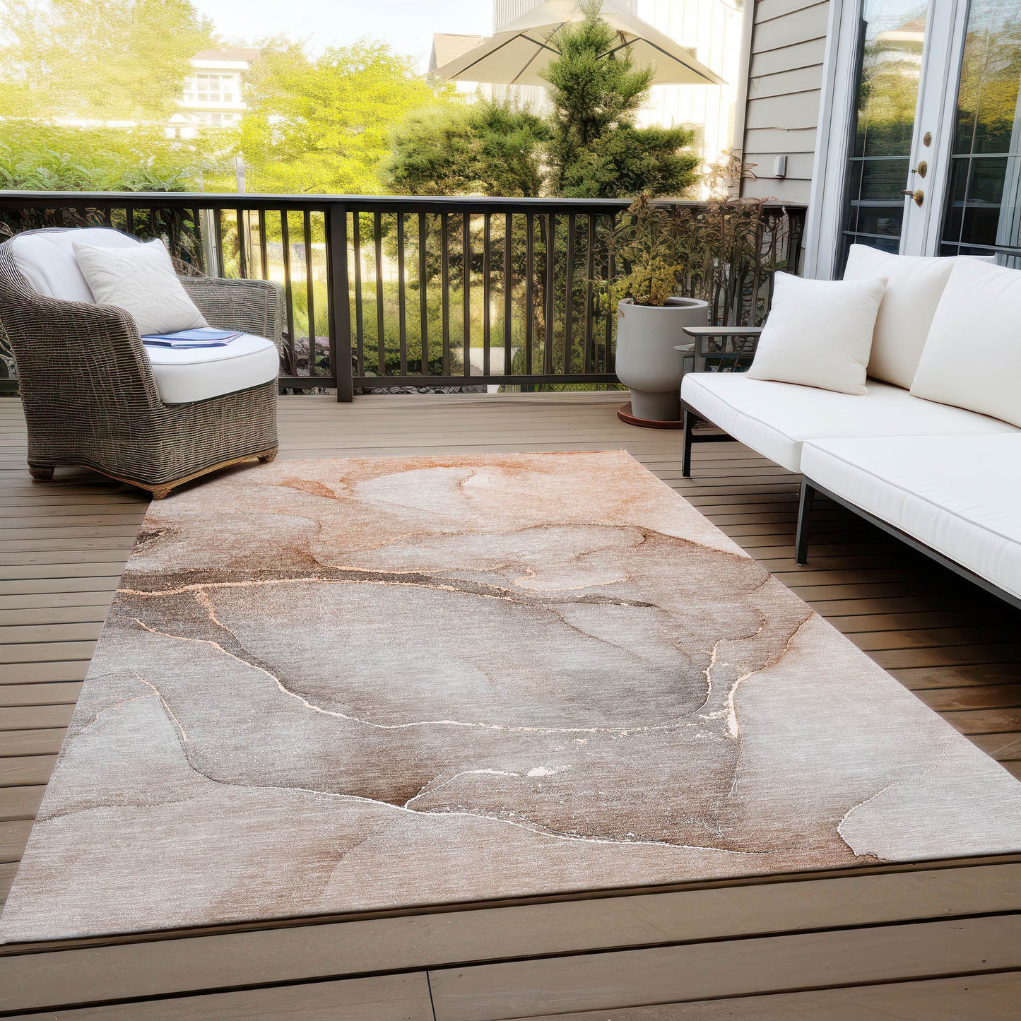 5' X 8' Taupe Abstract Washable Non Skid Indoor Outdoor Area Rug