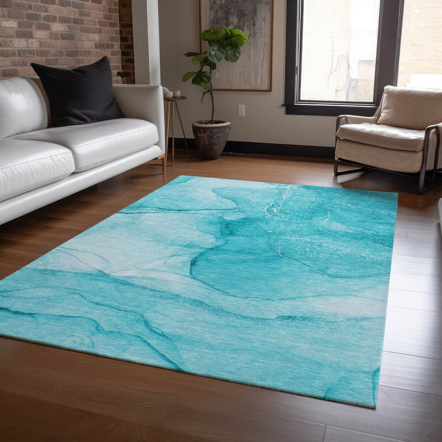 5' X 8' Teal Abstract Washable Non Skid Indoor Outdoor Area Rug