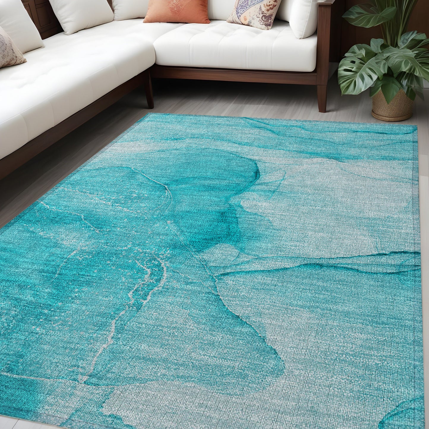 5' X 8' Teal Abstract Washable Non Skid Indoor Outdoor Area Rug