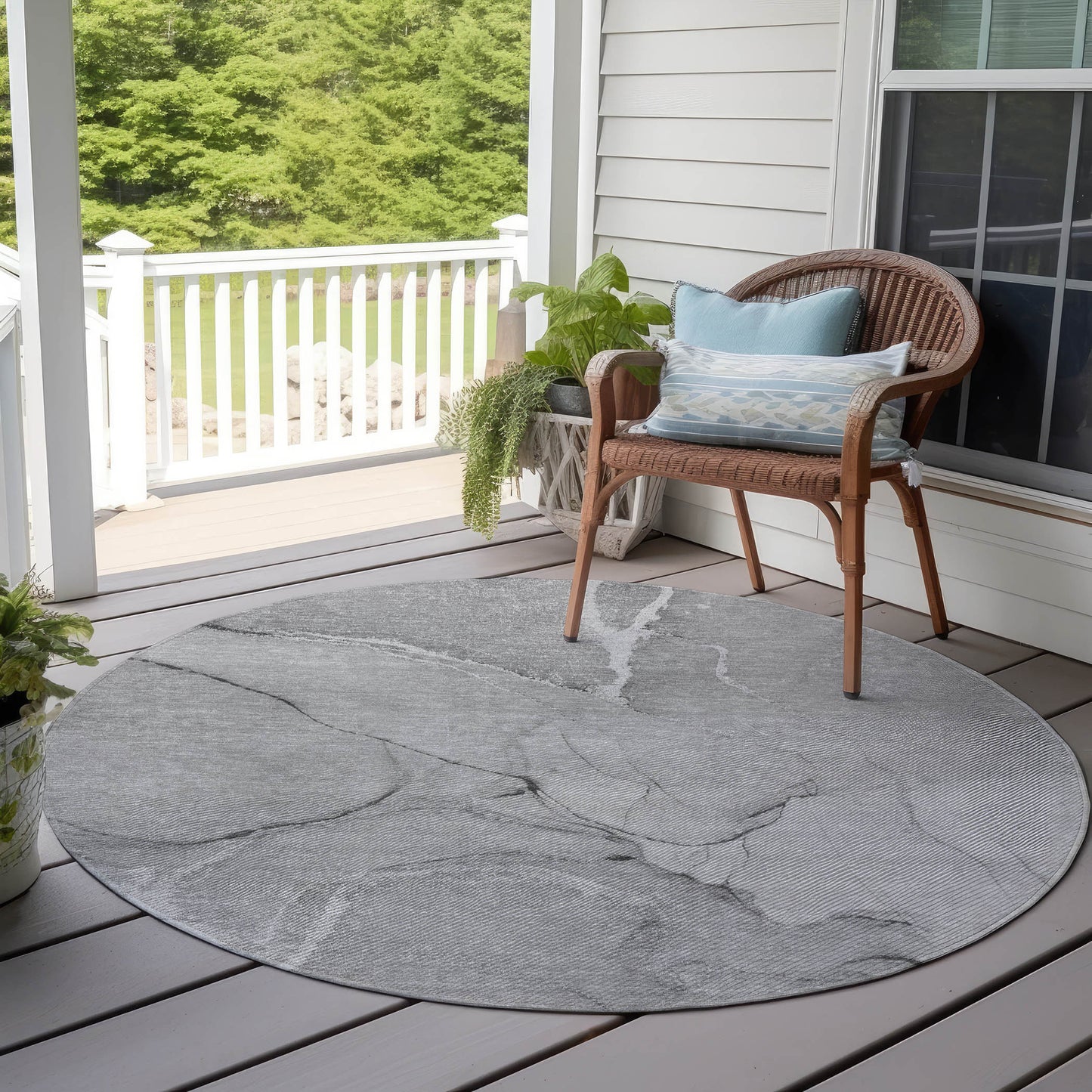 8' Round Gray Round Abstract Washable Non Skid Indoor Outdoor Area Rug