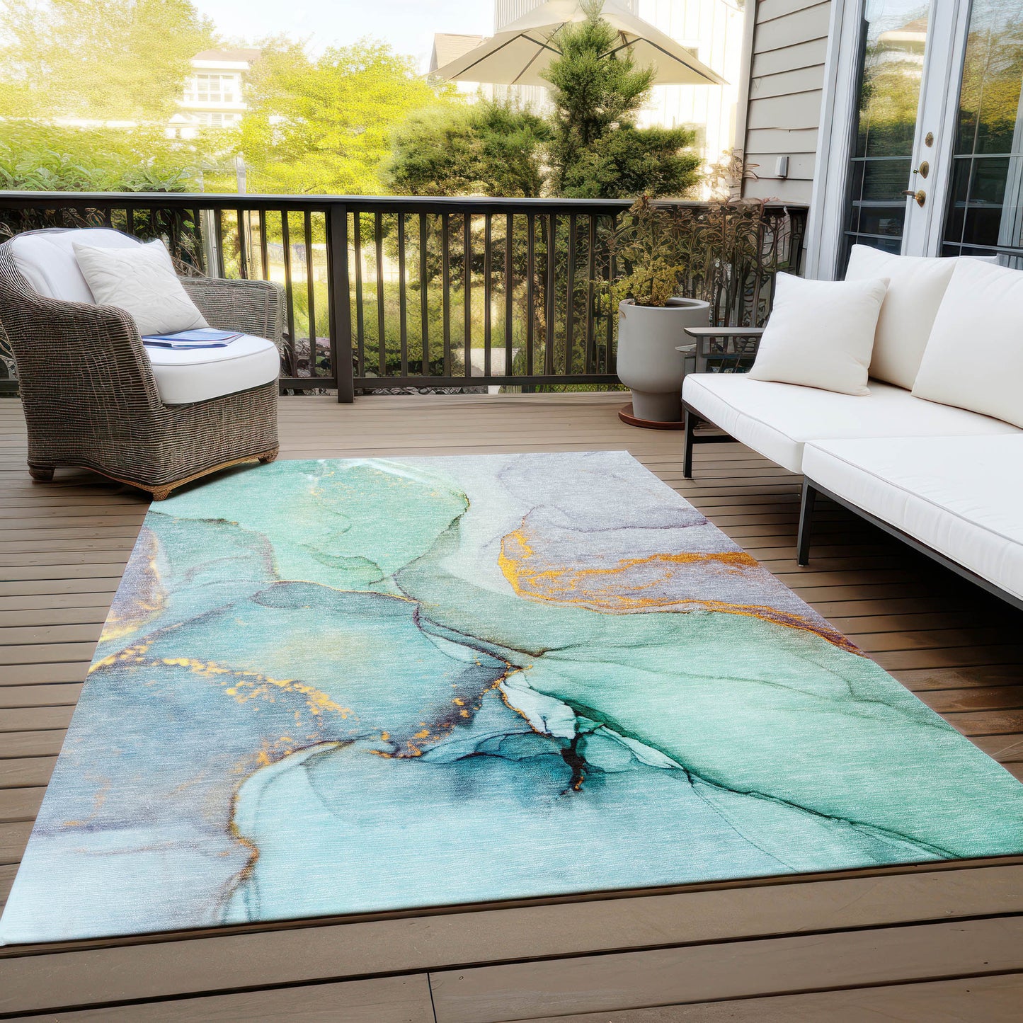 5' X 8' Teal Abstract Washable Non Skid Indoor Outdoor Area Rug