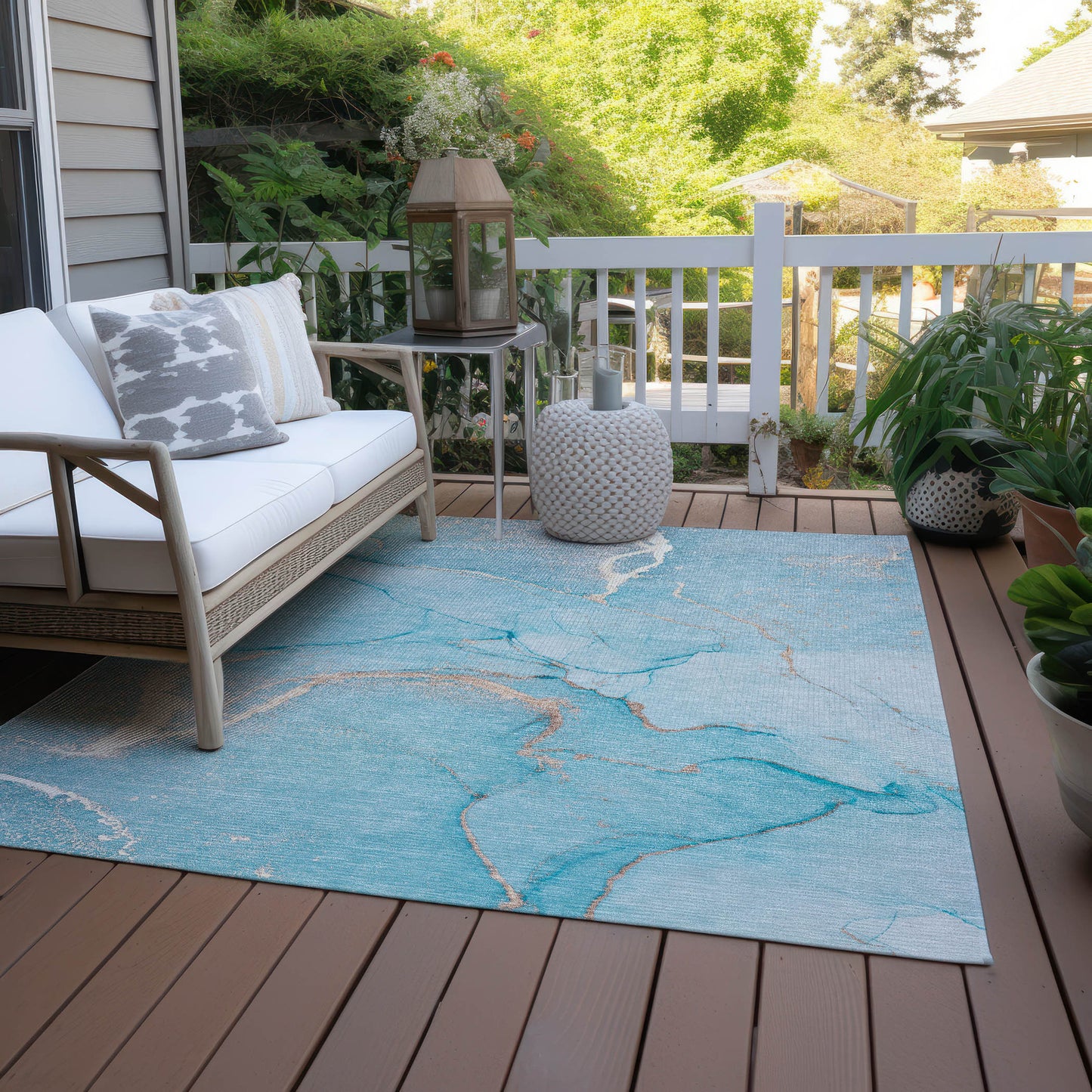 5' X 8' Teal Abstract Washable Non Skid Indoor Outdoor Area Rug