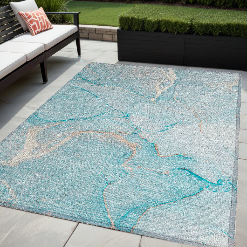 5' X 8' Teal Abstract Washable Non Skid Indoor Outdoor Area Rug