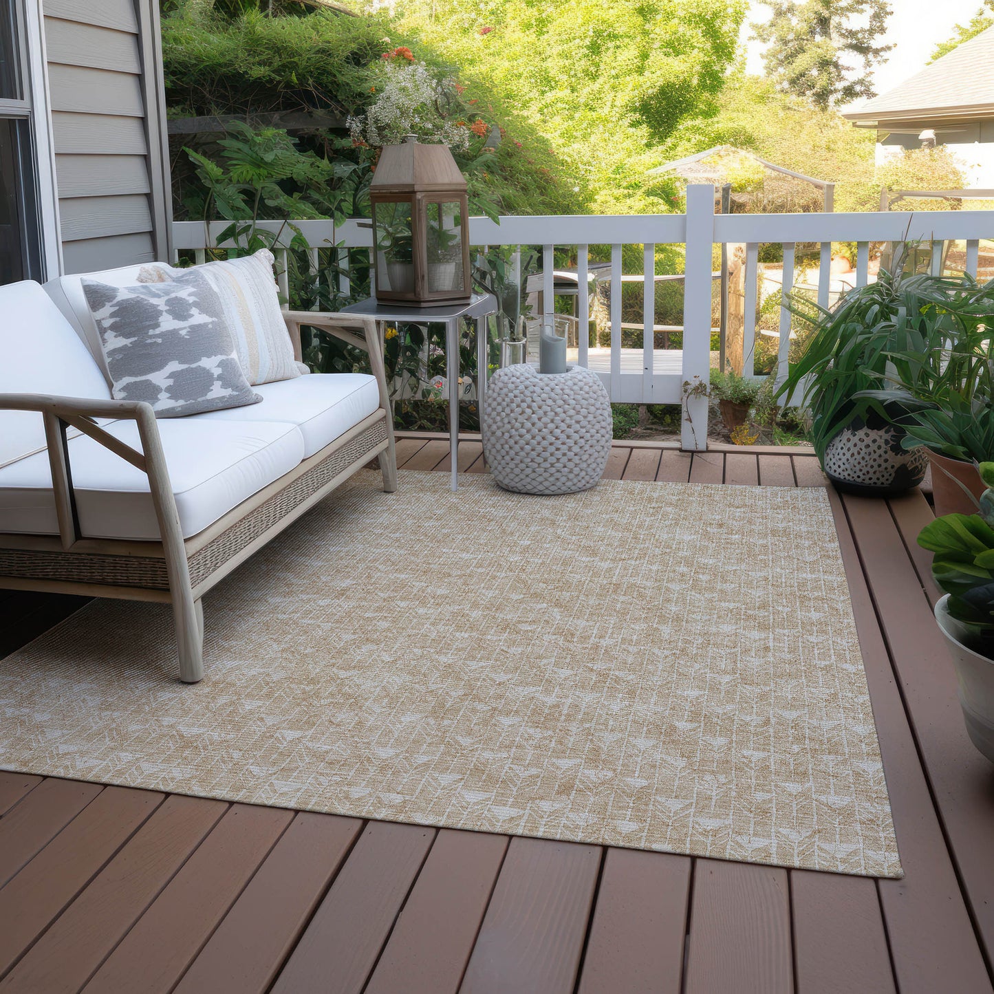 5' X 8' Tan Geometric Washable Non Skid Indoor Outdoor Area Rug