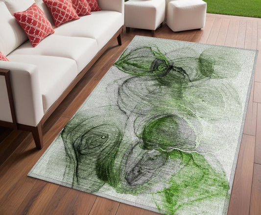 5' X 8' Olive Green Abstract Washable Non Skid Indoor Outdoor Area Rug