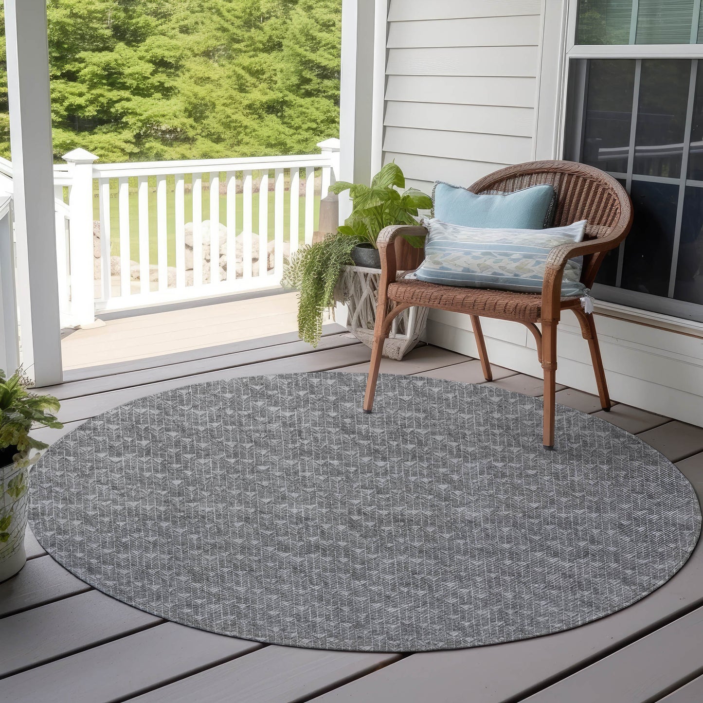 8' Round Gray Round Geometric Washable Non Skid Indoor Outdoor Area Rug